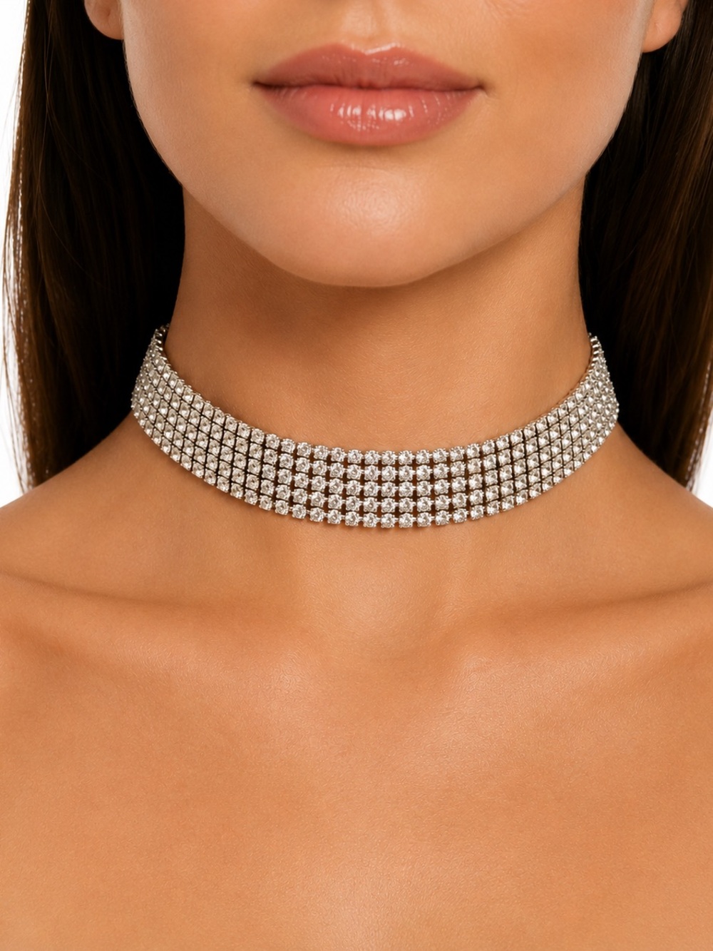 Guess Silver Multi-Row Crystal Choker Necklace